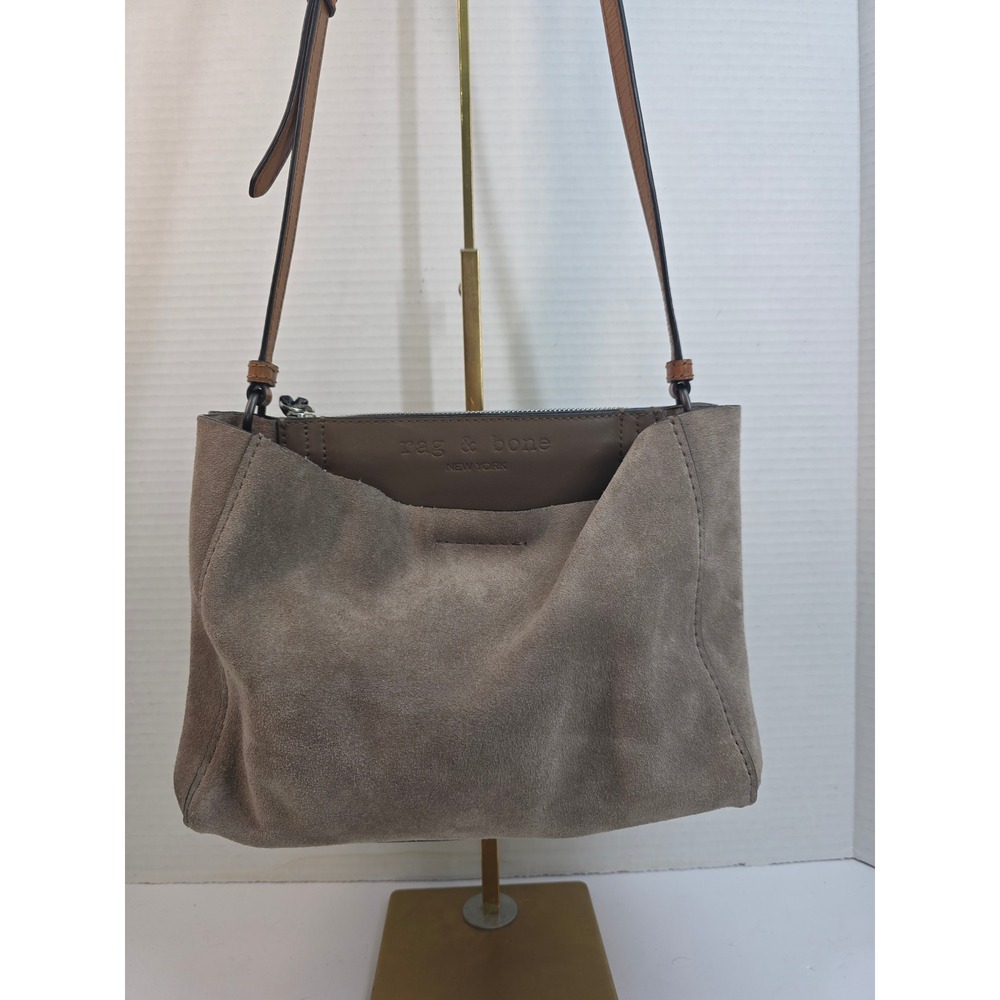 Rag & Bone‎ Passenger Crossbody Bag Taupe Suede Tan Leather Trim Small Messenger